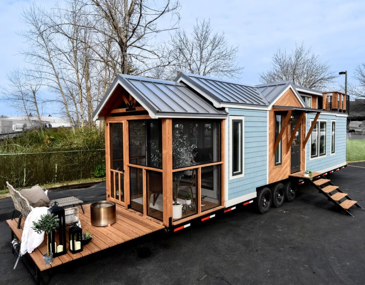 $250K Cascade Mini Tiny House has Spiral Stairs to Rooftop Deck