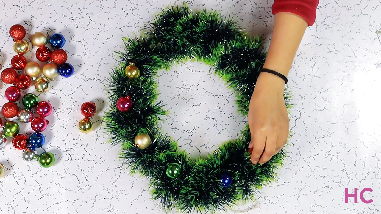 Christmas Ornament Wreath - glueing ornaments