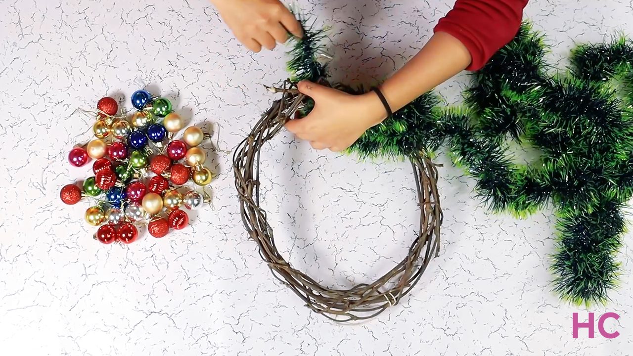 Christmas Ornament Wreath - wrap the garland in wreath