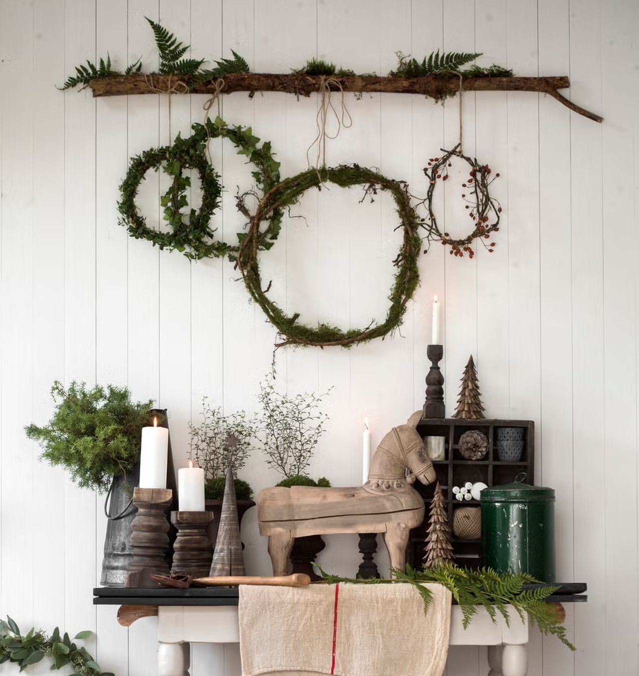 Christmas wall decoration using rustic tree branches