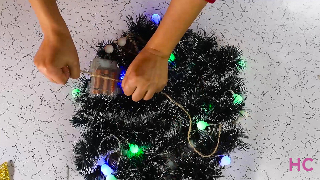 DIY Christmas Tree Wreath - secure the batteries