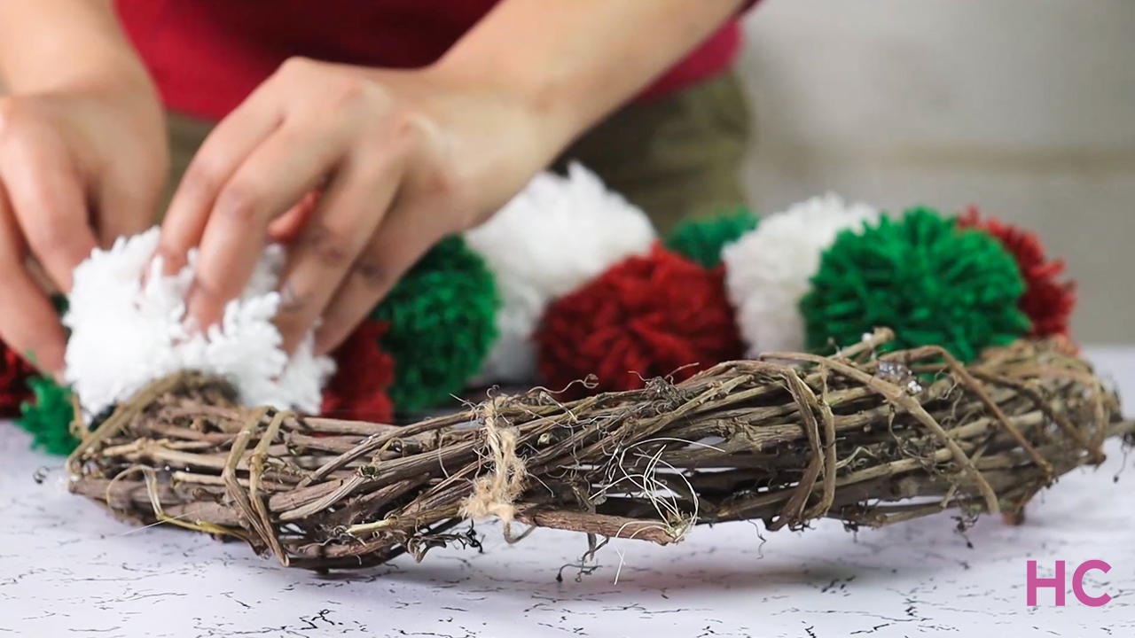 Pom Pom Christmas Wreath - glue pom poms