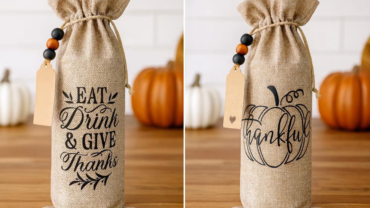Thanksgiving White or Tan Burlap Wine Bag