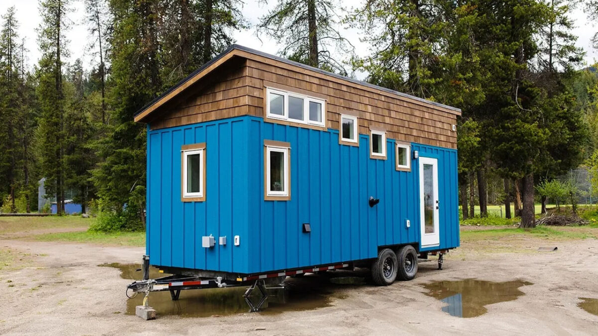 Aspen Tiny House Flaunts Blue Wooden Exterior & Orange Interior