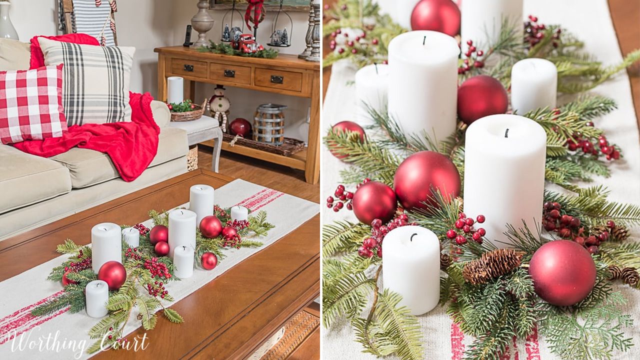 Christmas Candle Centerpieces - Greenery and baubles with candles