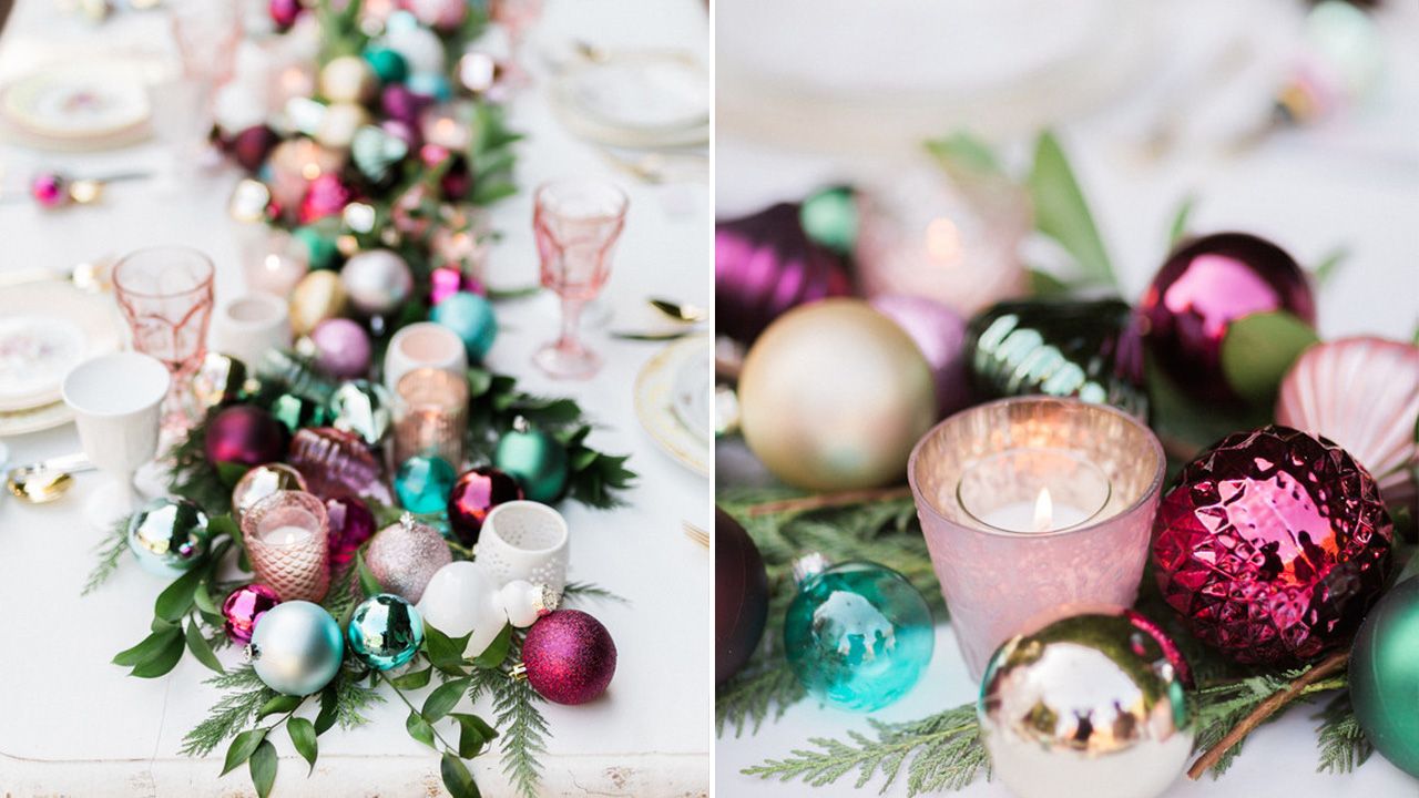 Christmas Candle Centerpieces - sparkly ornaments and minimalistic votive candles