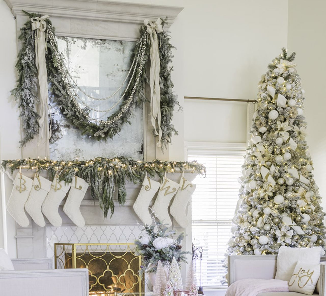 Christmas Fireplace mantel Decoration ideas - flocked fireplace mantel