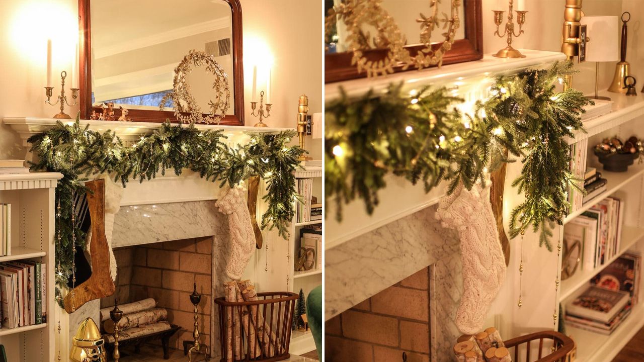 Christmas Fireplace mantel Decoration ideas - green garland paired with twinkling lights