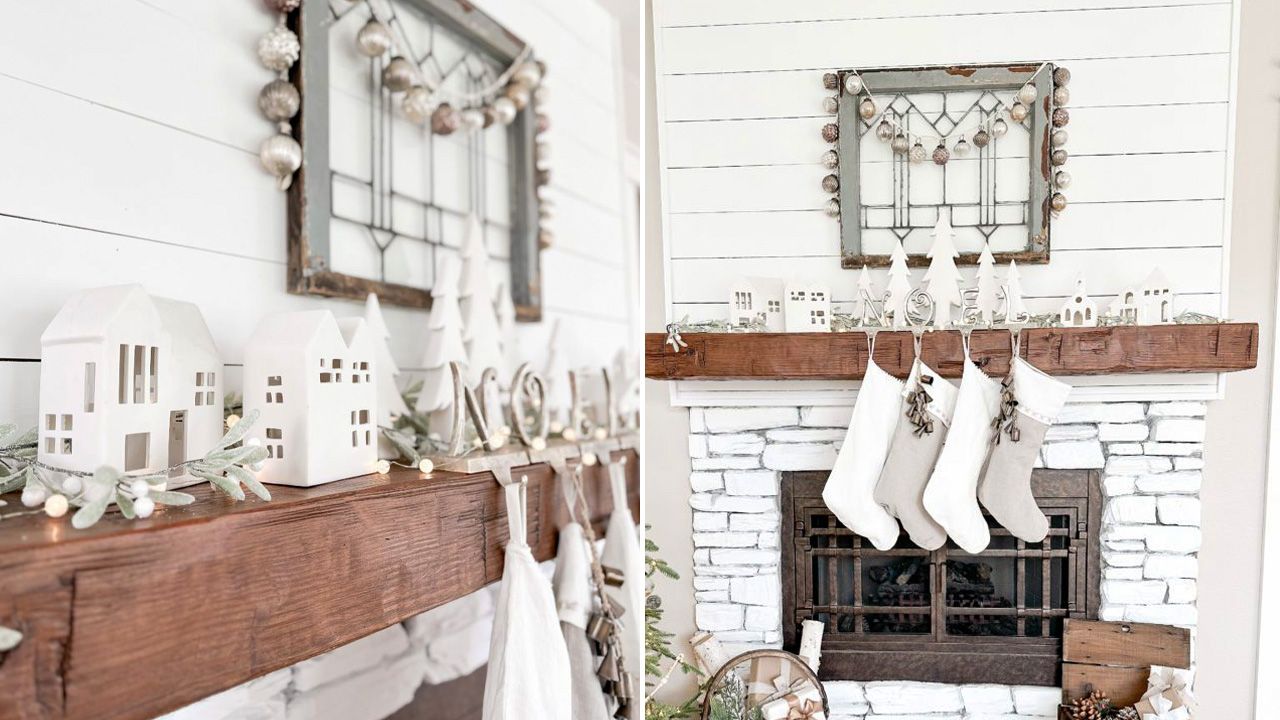 Christmas Fireplace mantel Decoration ideas - white mini houses and trees