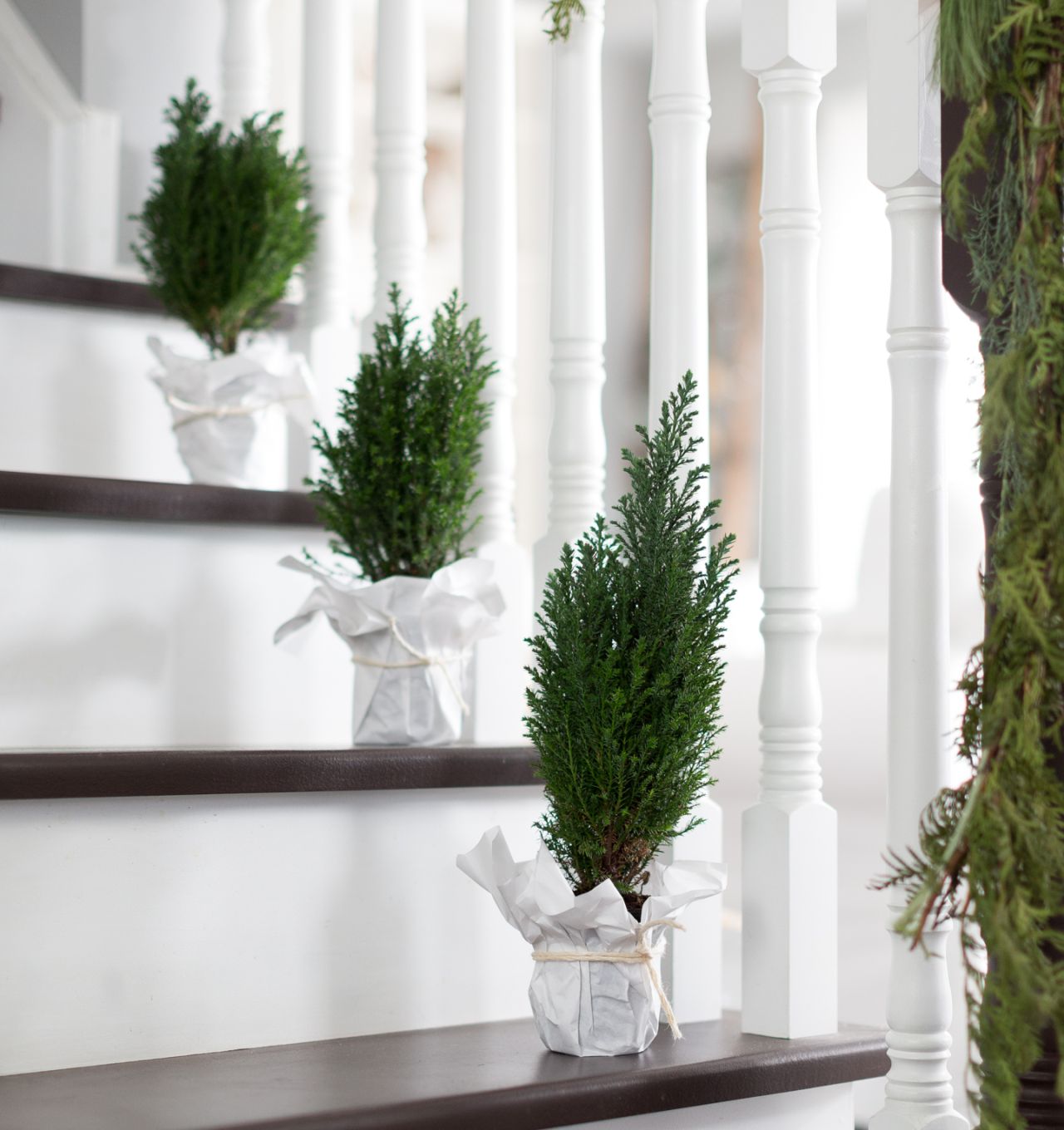 Christmas Staircase Decoration Ideas - add potted plants