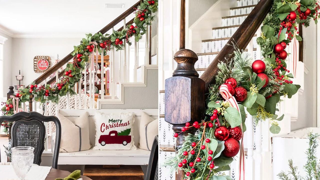 Christmas Staircase Decoration Ideas - classic pairing of red and green