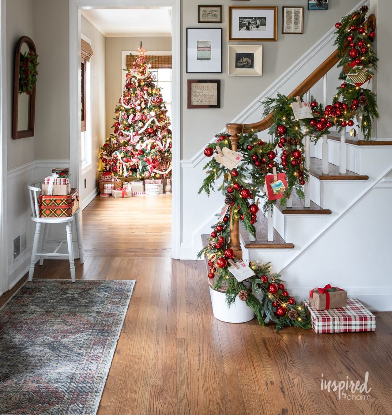 Christmas Staircase Decoration Ideas - pre lit garland with ornaments