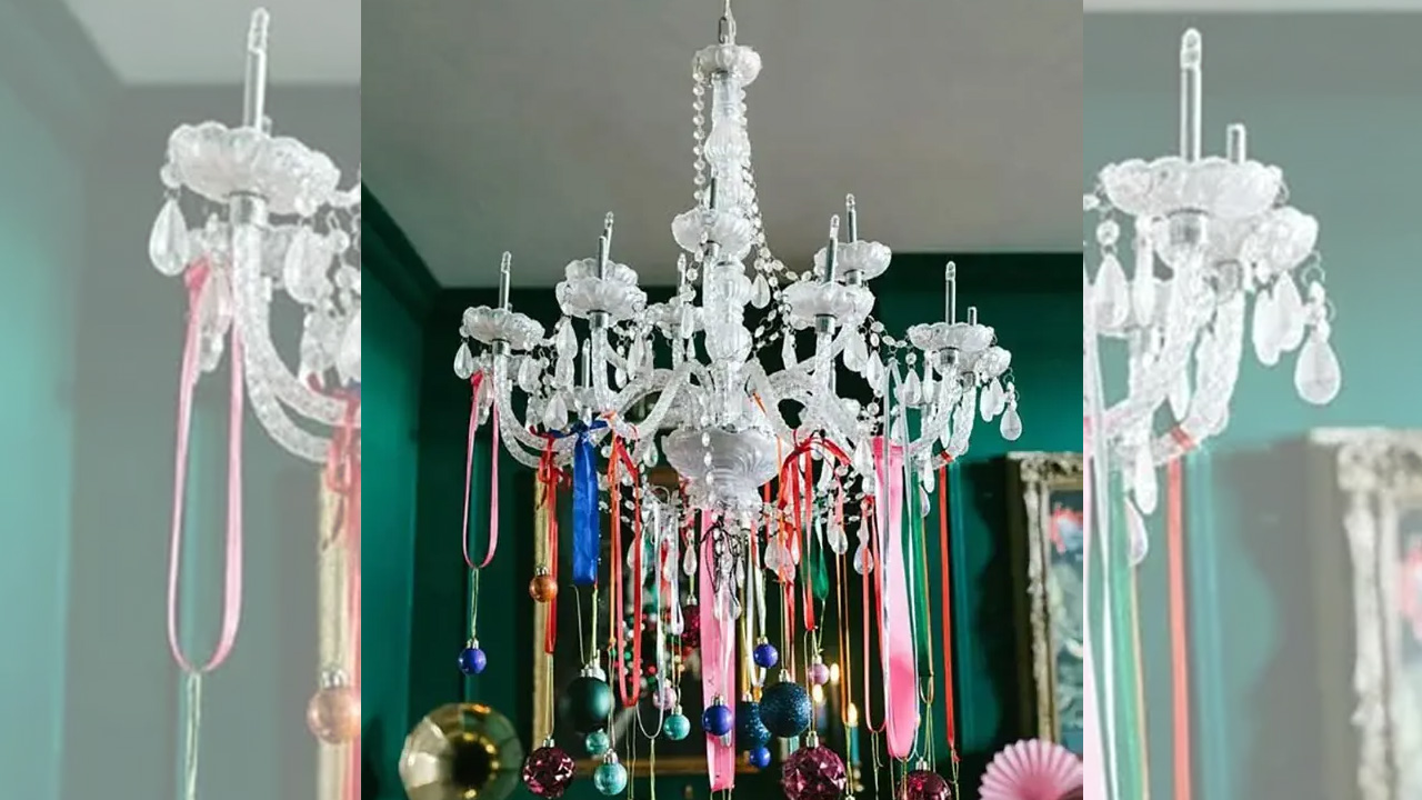 Colorful ribbons and ornaments tied from a chandelier