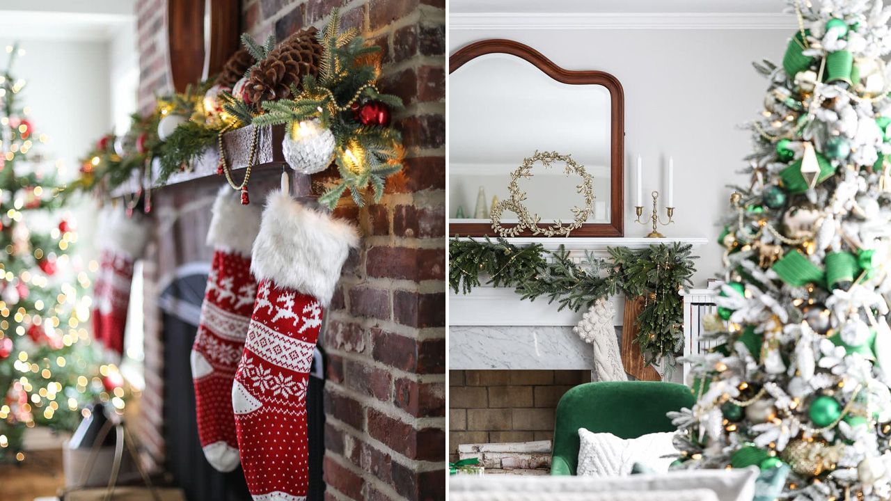 Fireplace Mantel Christmas decoration ideas - color coordinate with tree