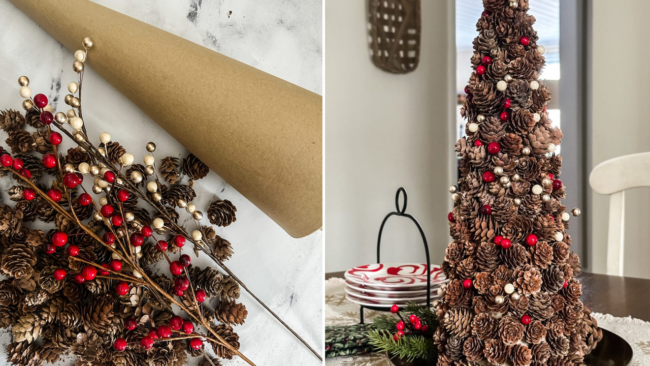 Pinecone Christmas Tree With Shiny red and Golden Berry Pick