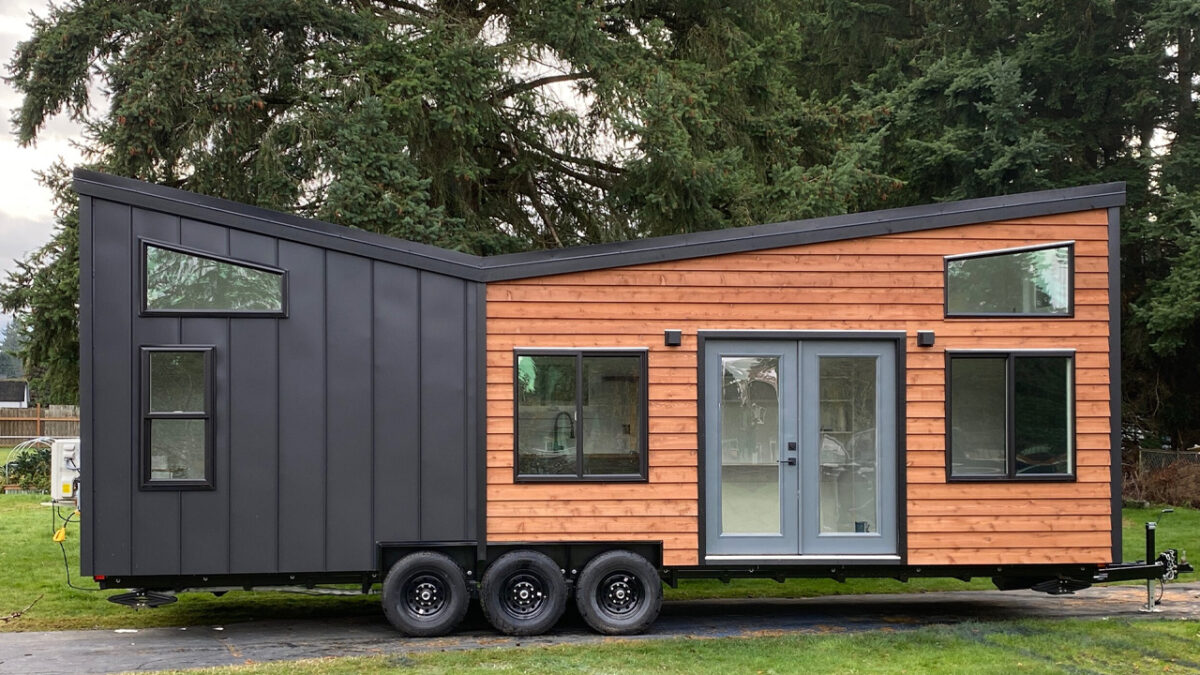 Monarch Tiny House has Butterfly Roof, Twin Lofts & Home Office