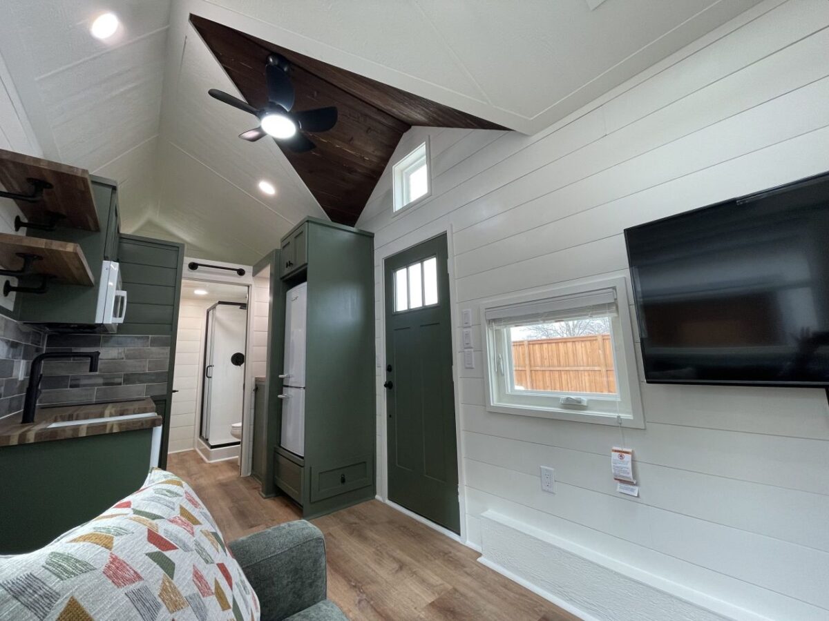 Fruition Tiny House has Spacious Bathroom, White-Green Décor