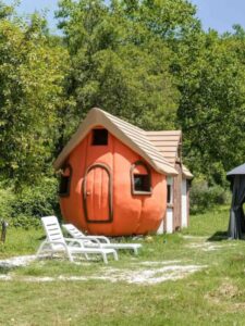 Pumpkin shaped tiny home Airbnb rental in Croatia -outdoor kitchen