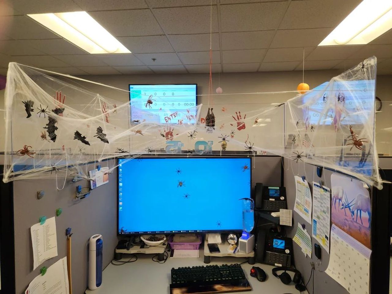 Simple and attractive work desk decoration for Halloween with spider web and other themed decorations