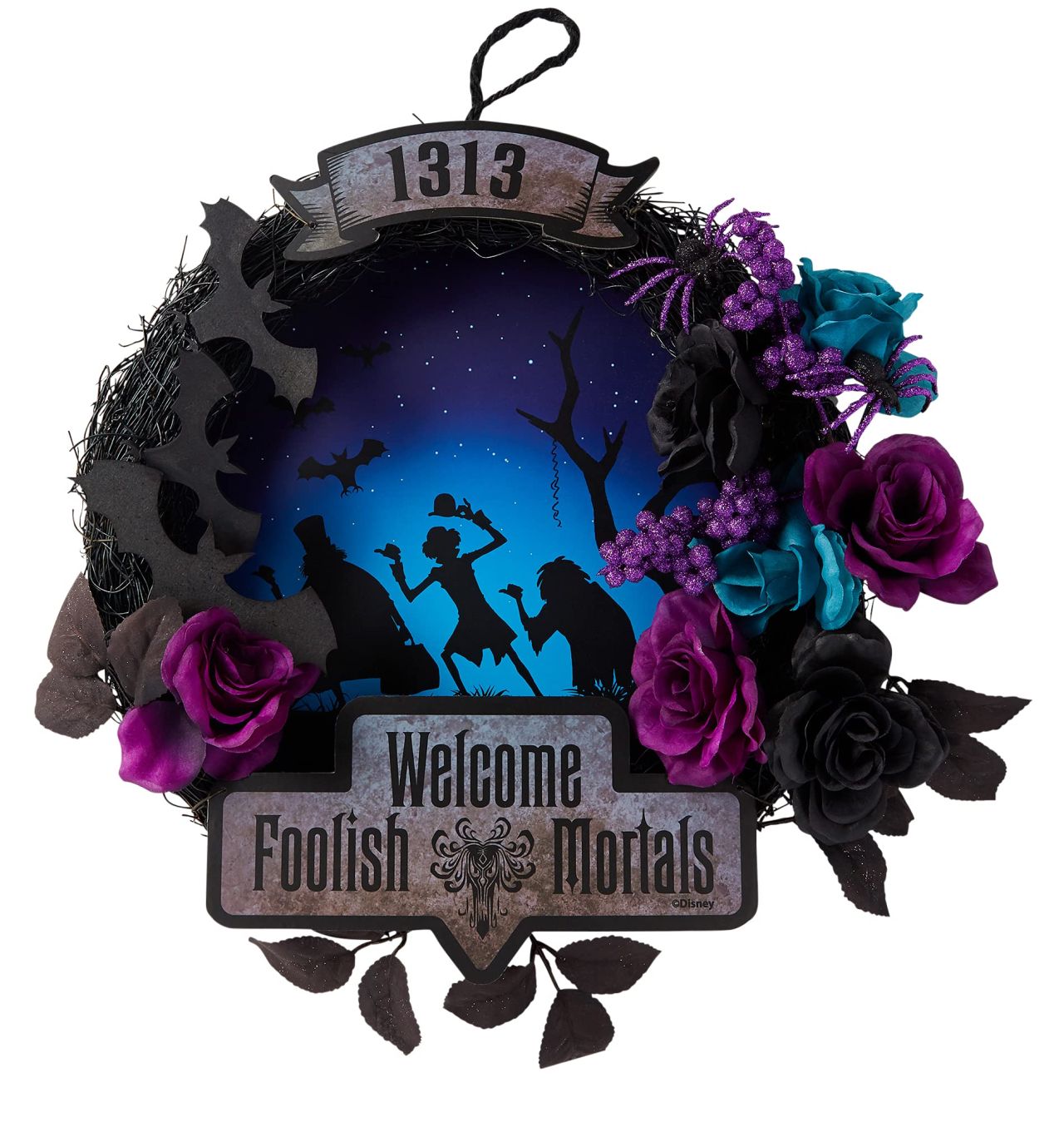 The Haunted Mansion Light-Up Welcome Foolish Mortals Wreath