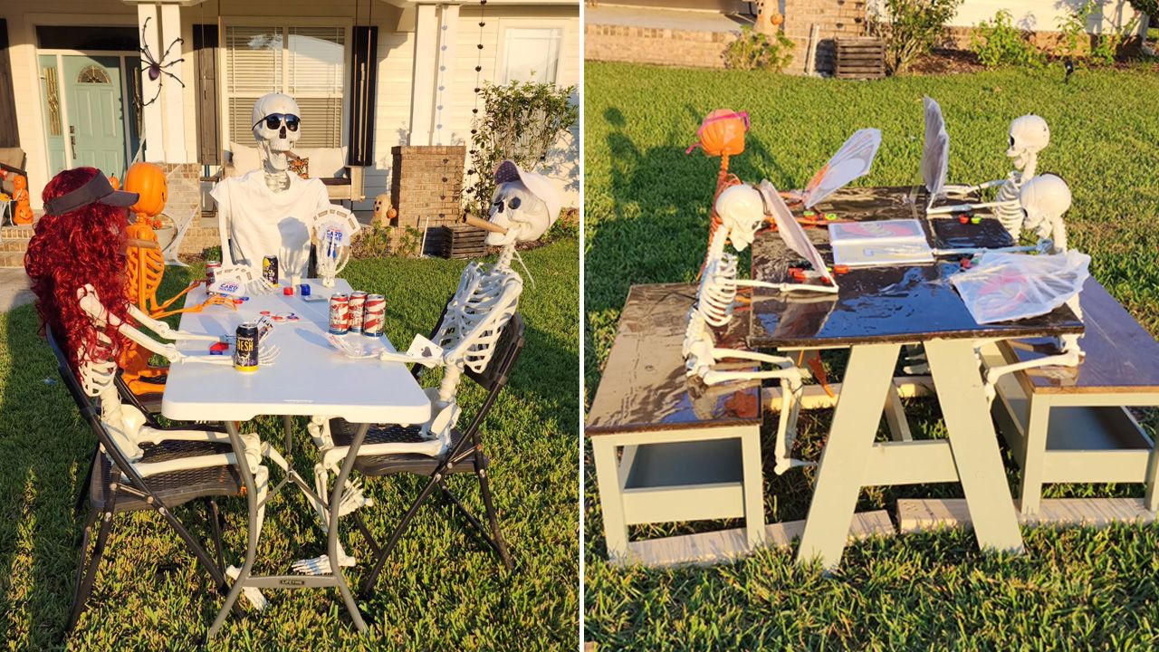 Best Outdoor Skeleton Halloween Decorations - game of cards