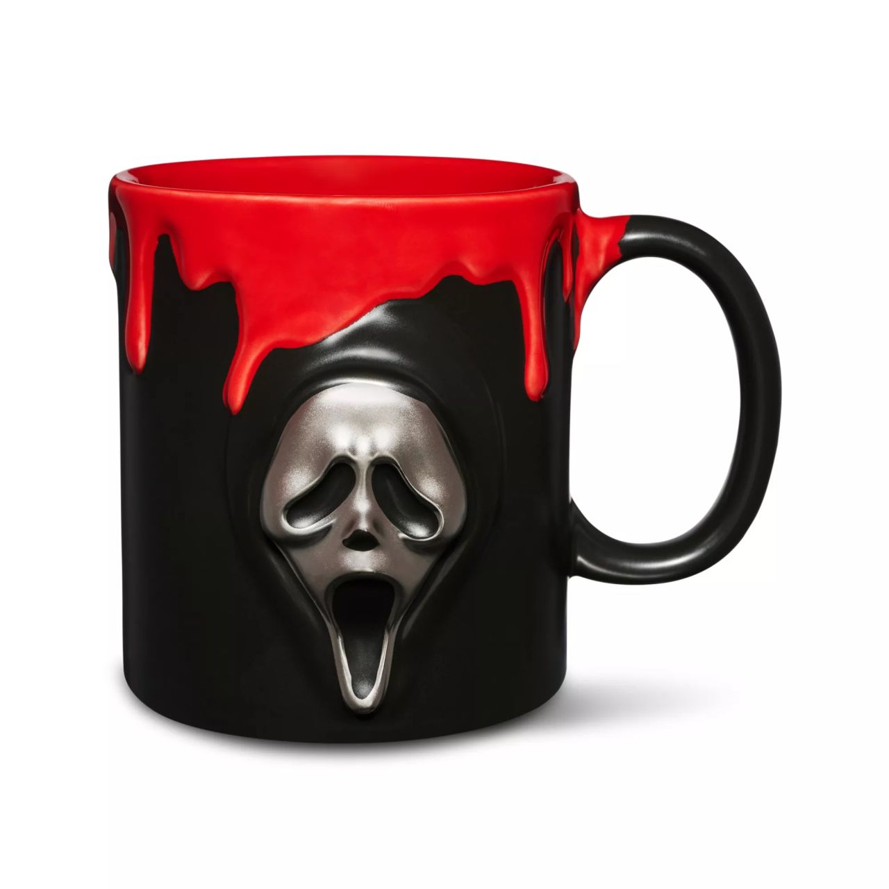 Bloody sauce dripping from ghost face mugs