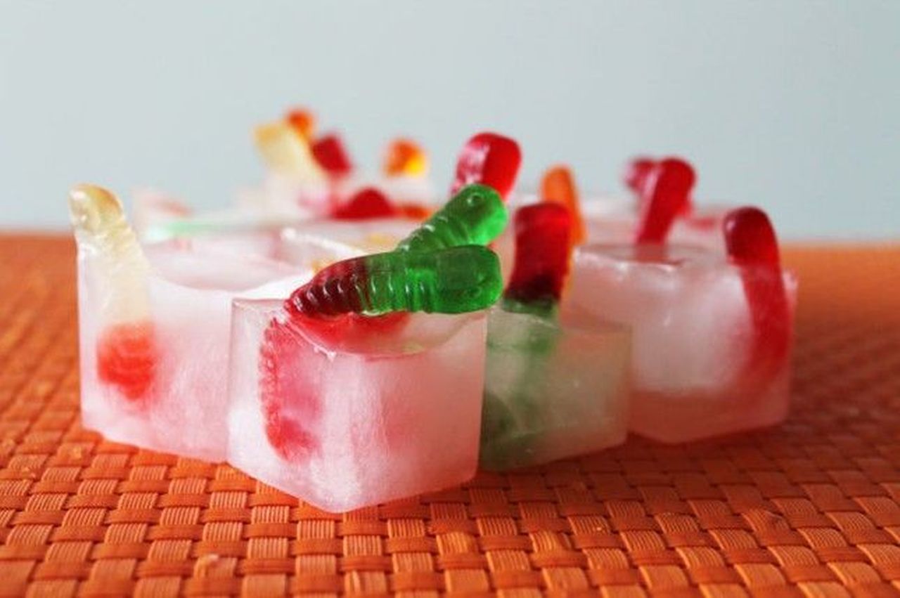 Freeze gummy worms in ice cubes