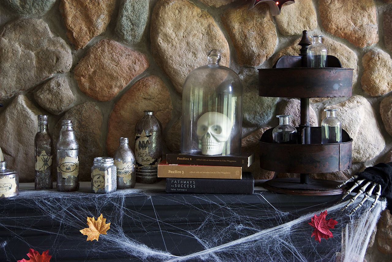 Halloween Fireplace Decorating Ideas - DIY Potion Bottles