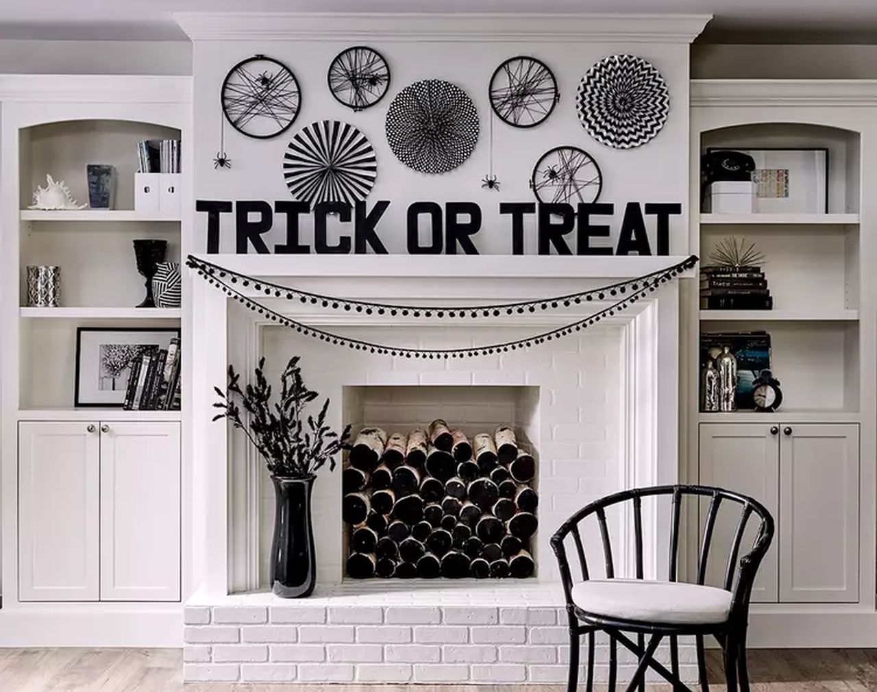 Halloween Fireplace Decorating Ideas - Monochrome Halloween Fireplace
