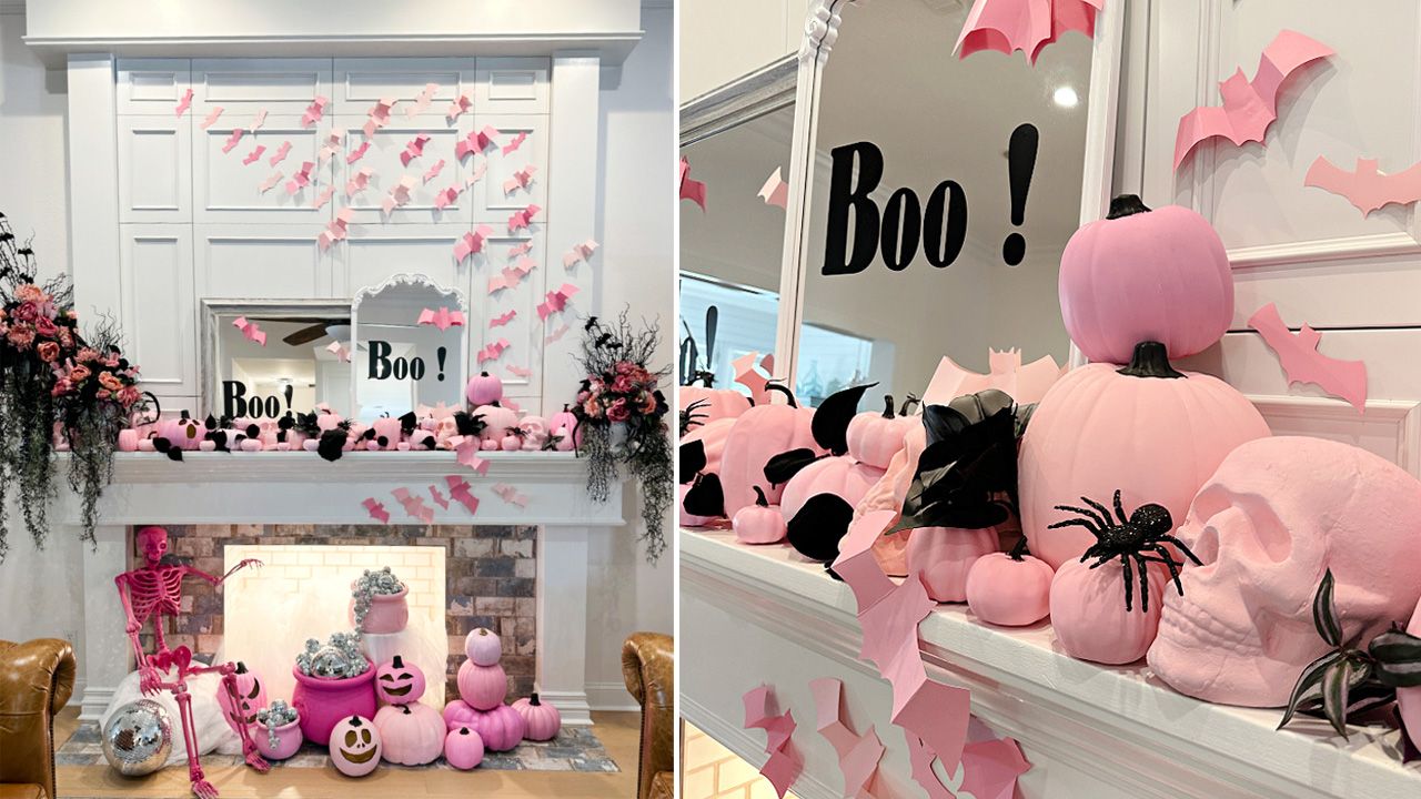 Pink Halloween Decoration Ideas - Dress the Fireplace Mantel