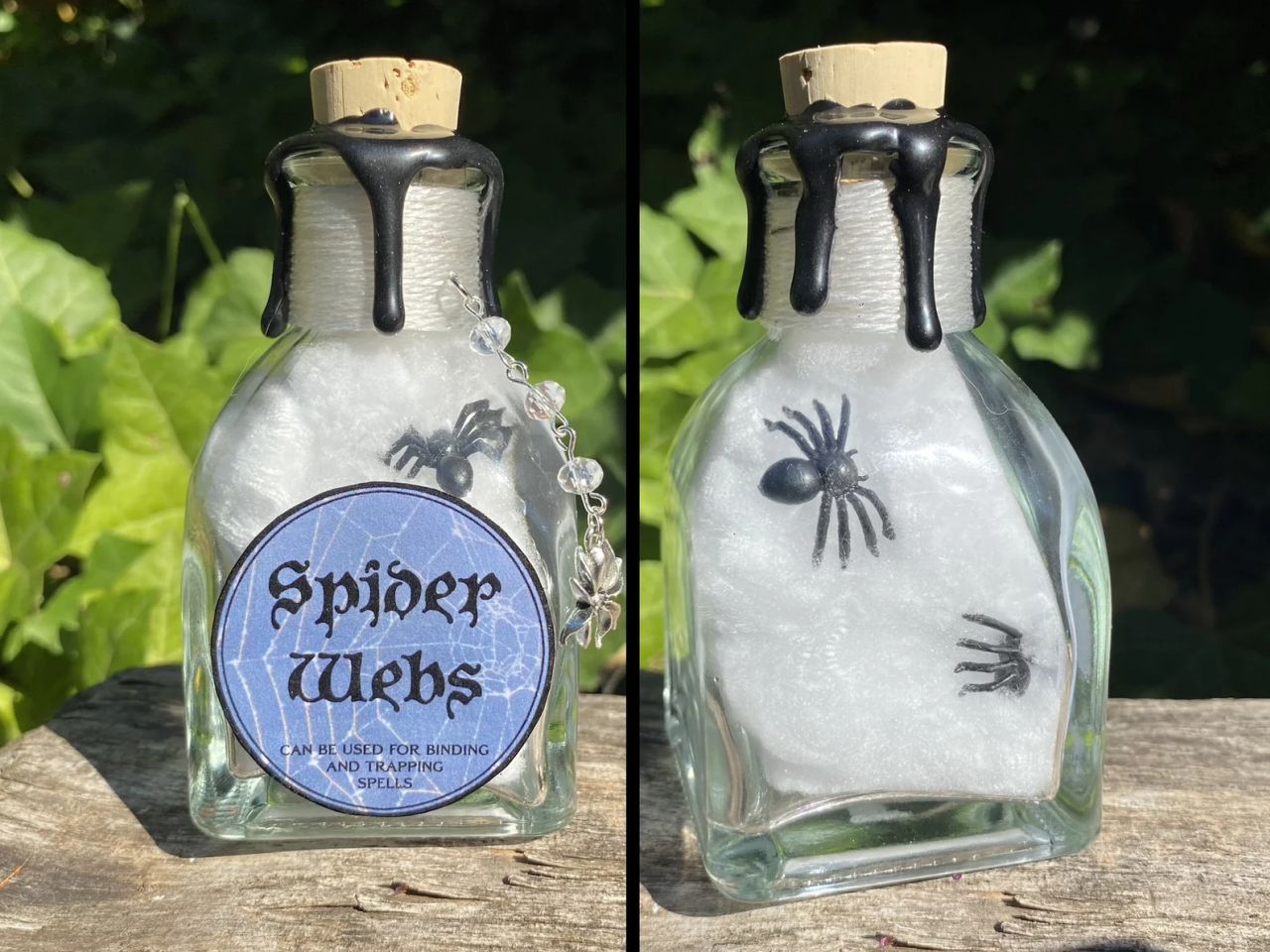 Potion bottles stacked with spider webs