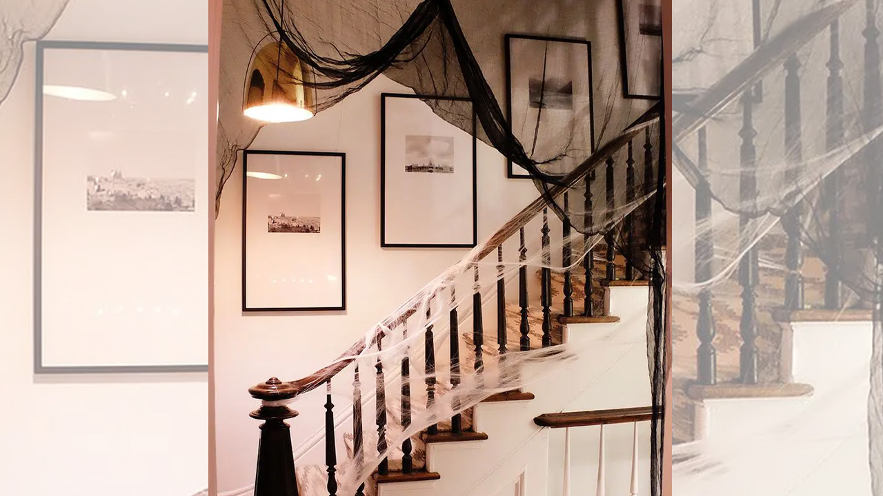 Black and white spiderweb covering the banister