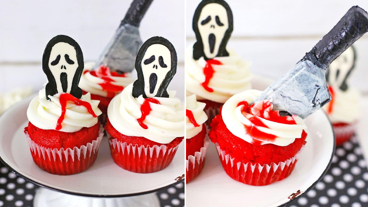 Halloween cupcake ideas - HALLOWEEN CUPCAKES with scream toppers and knife toppers