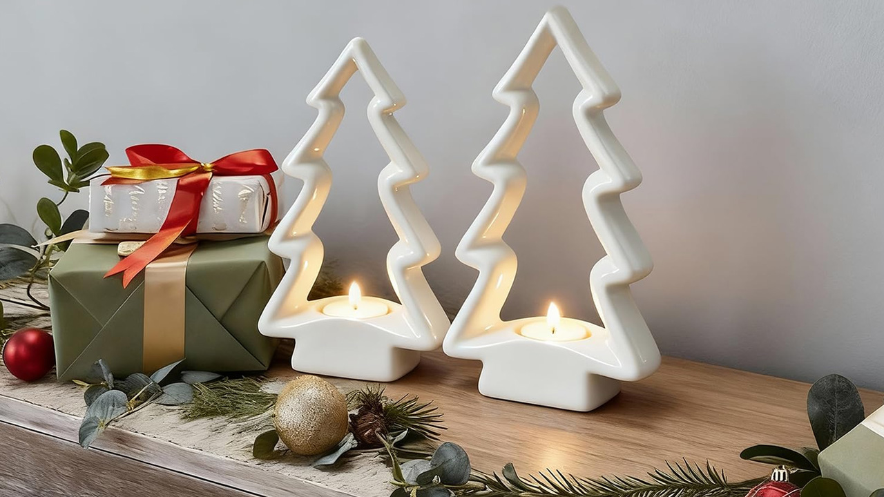 2 Pack White Ceramic Christmas Trees With LED Tea Lights