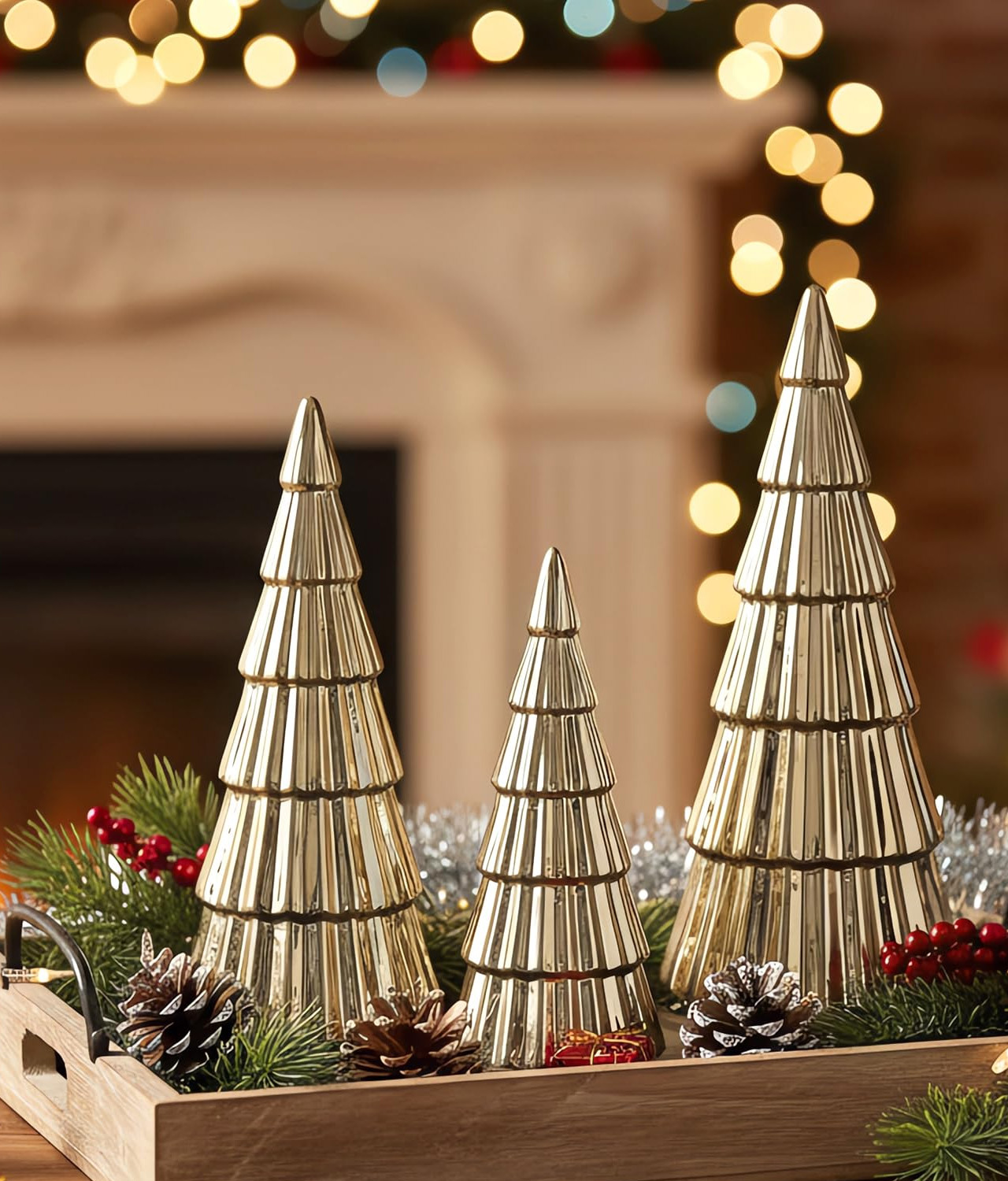 3 Pieces Gold Ceramic Christmas Tree Figurines