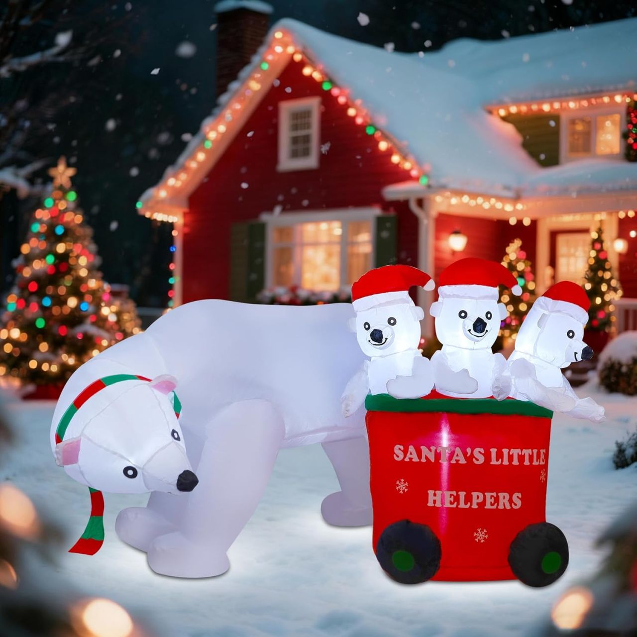 7-Foot Inflatable Polar Bear with Santa Hat and Cubs