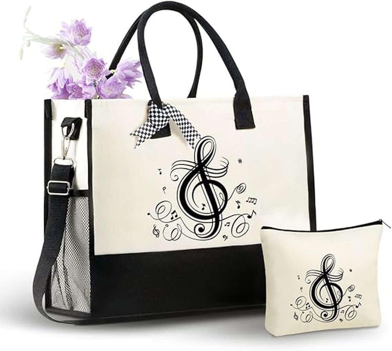 Canvas Music-Themed Tote Bag with Makeup Pouch