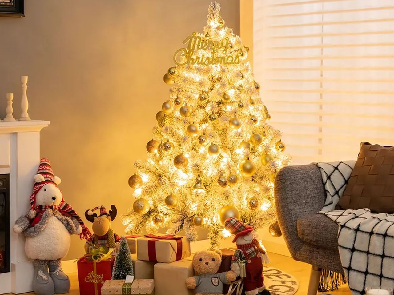 Costway 6 ft Prelit Premium Snow Flocked Hinged Artificial Christmas Tree