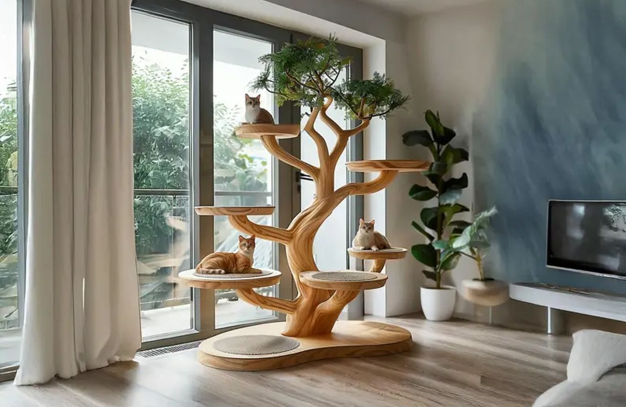 Rustic Wooden Cat Tree Tower