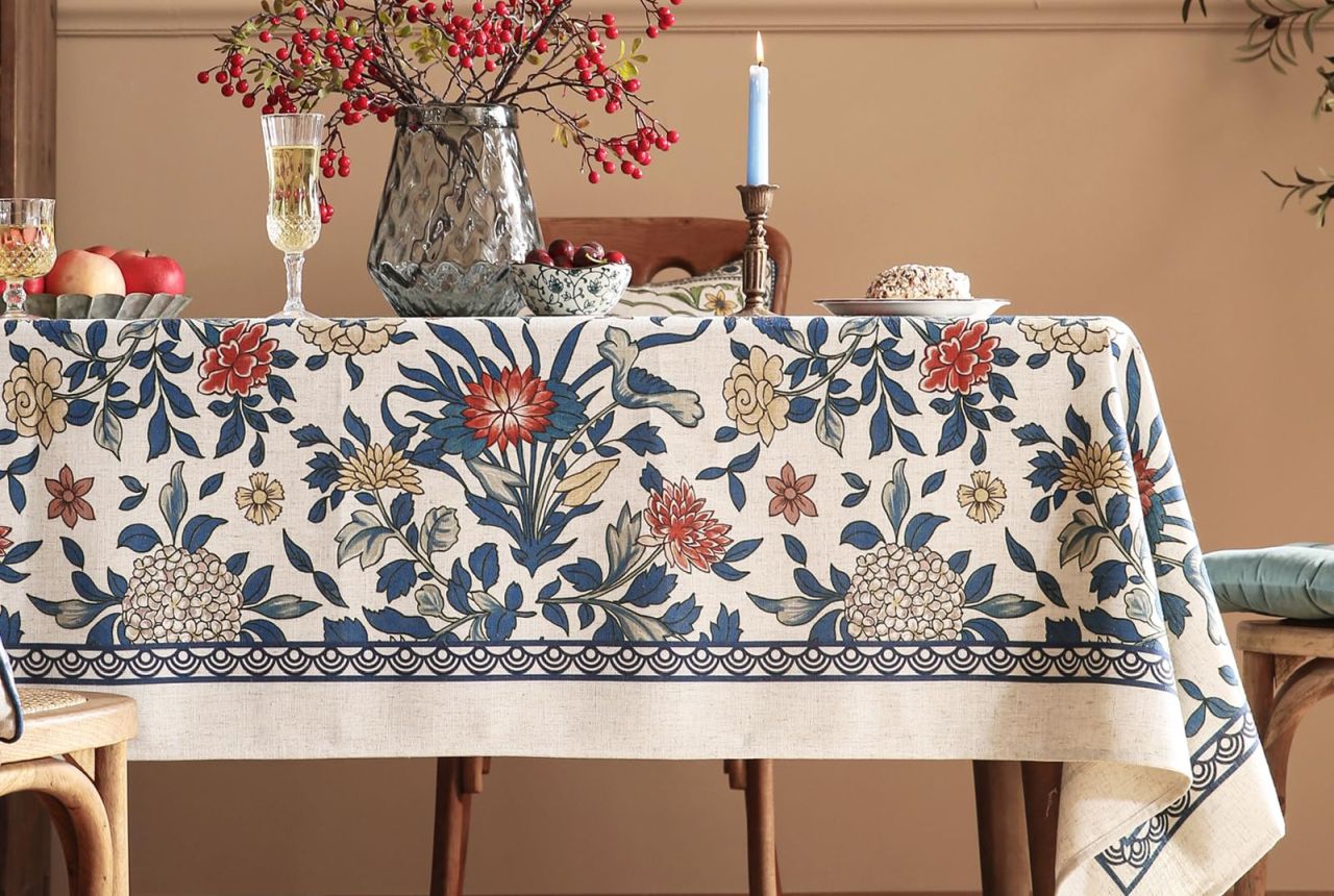 Vintage Linen with Leaves and Floral Pattern Tablecloth