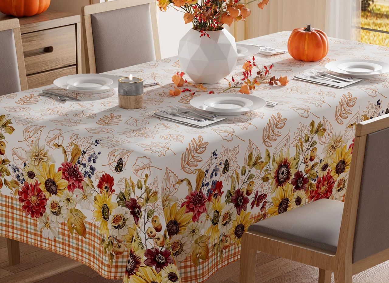 Wild Flowers Maple Leaves Plaid Tablecloth