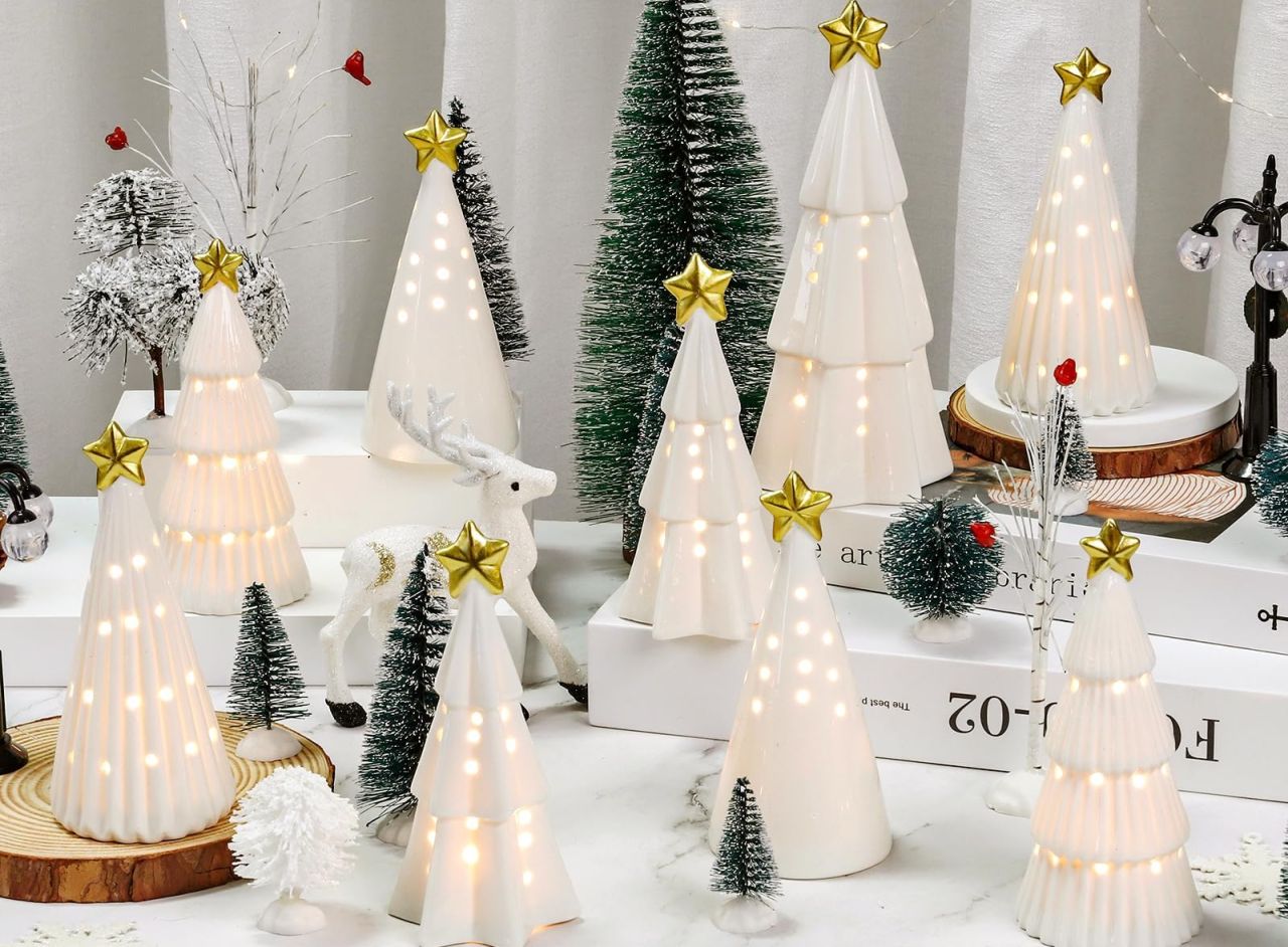 9-Pcs Lighted Ceramic Tabletop Christmas Tree