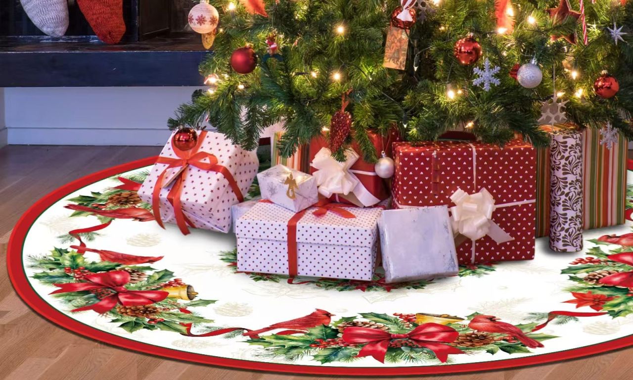 Cardinal and Holly Christmas Tree Skirt