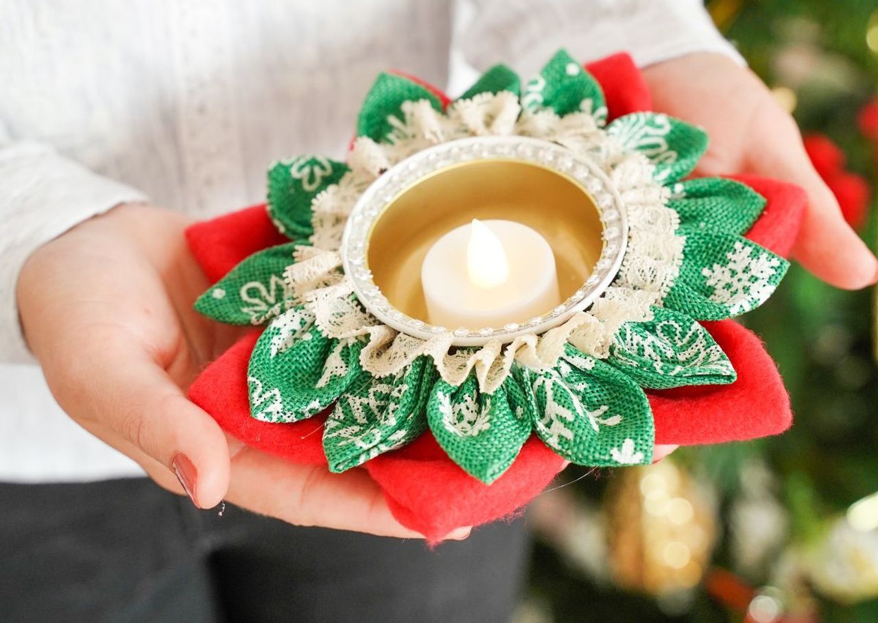 Christmas Fabric Flower Candle Holder