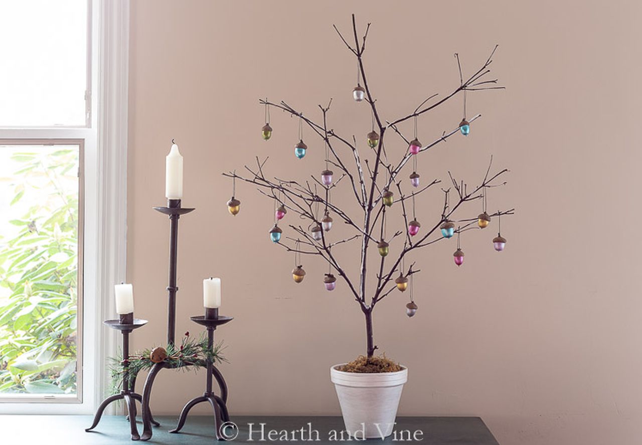 DIY Branch Christmas Tree with Metallic Acorn Ornaments