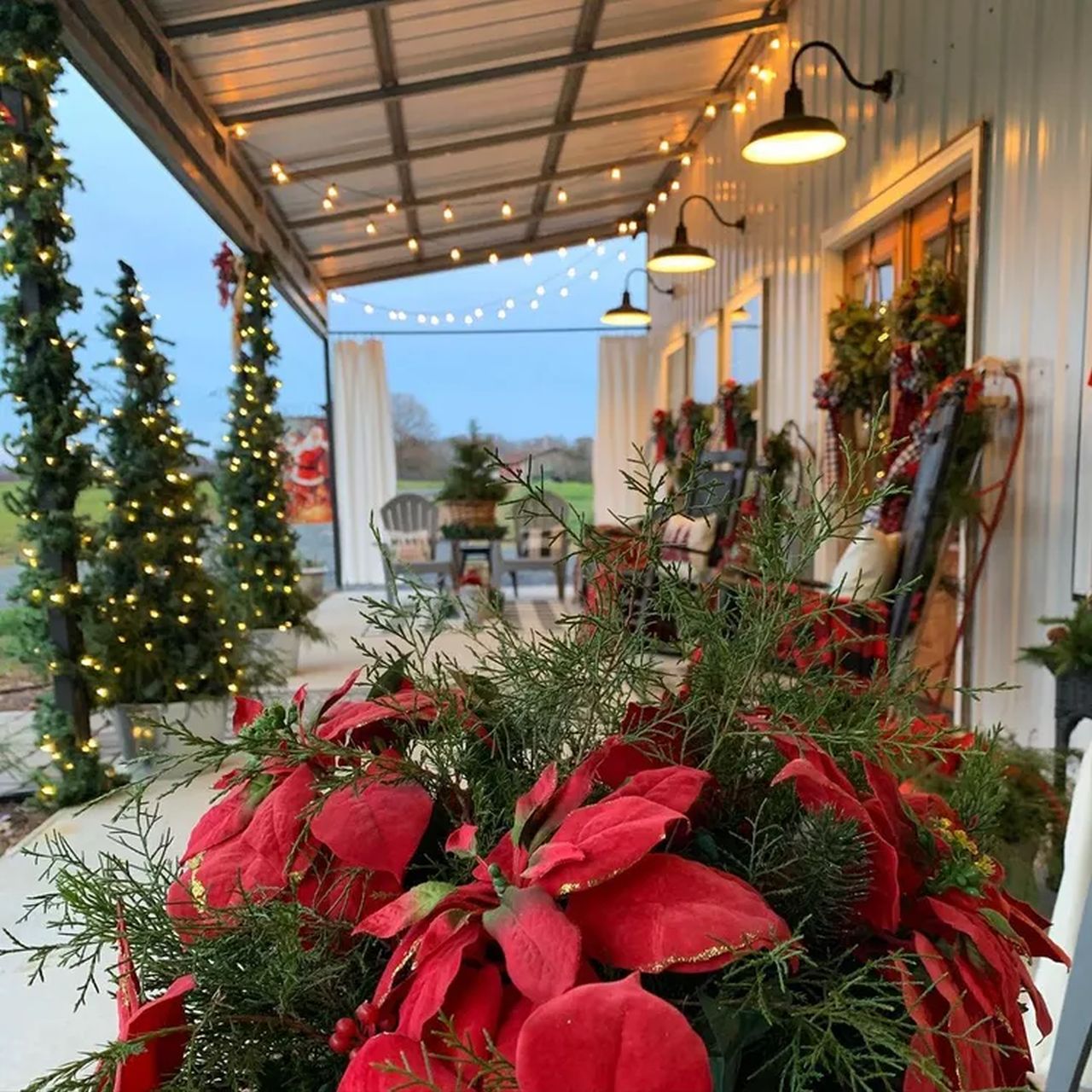 Faux Poinsettia With Evergreen Sprigs for Outdoors