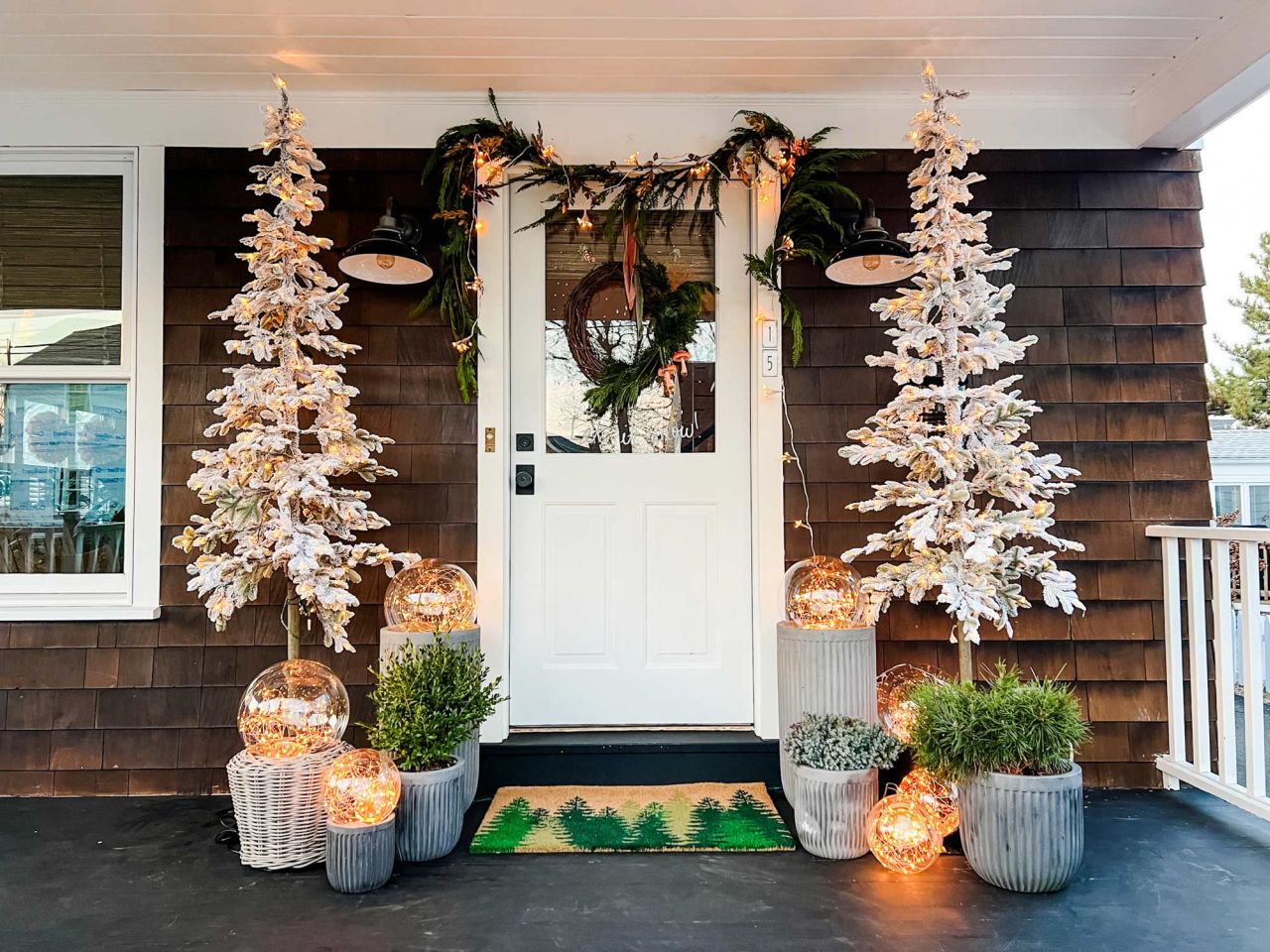 Front Porch Christmas Decoration Ideas - Faux Flocked Trees