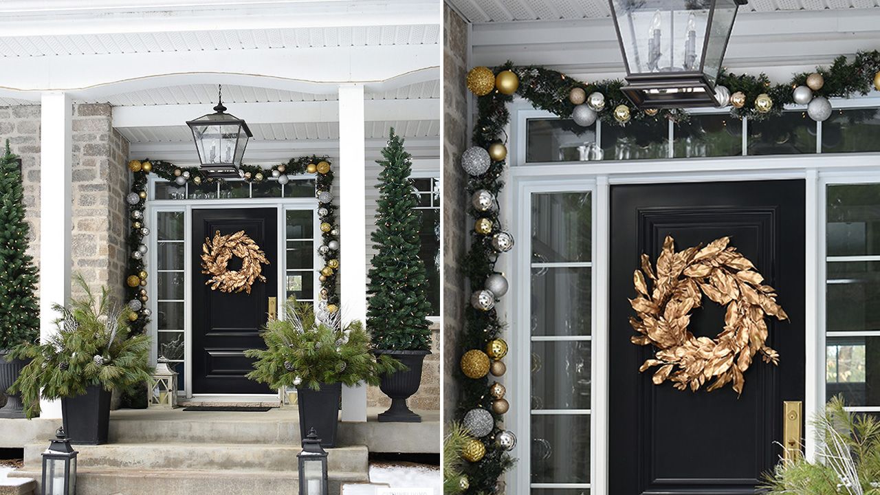 Front Porch Christmas Decoration Ideas - Metallic Wreath and Accents