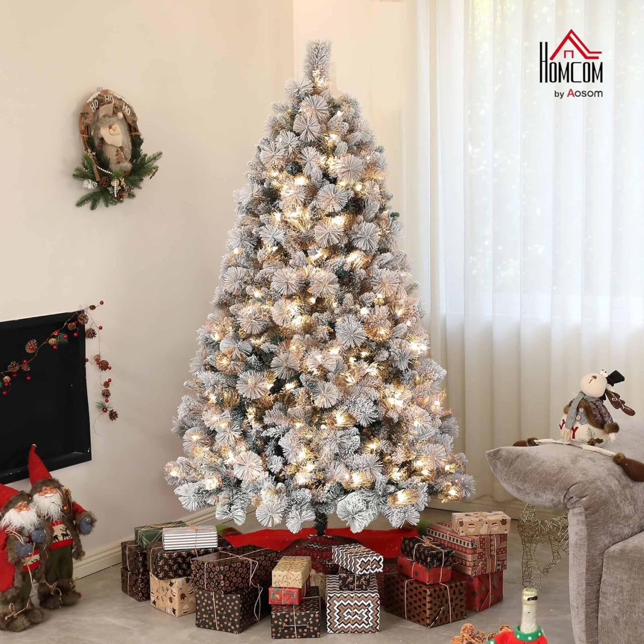 HOMCOM 6.5ft Pre-Lit Snow Flocked Fraser Fir Christmas Tree