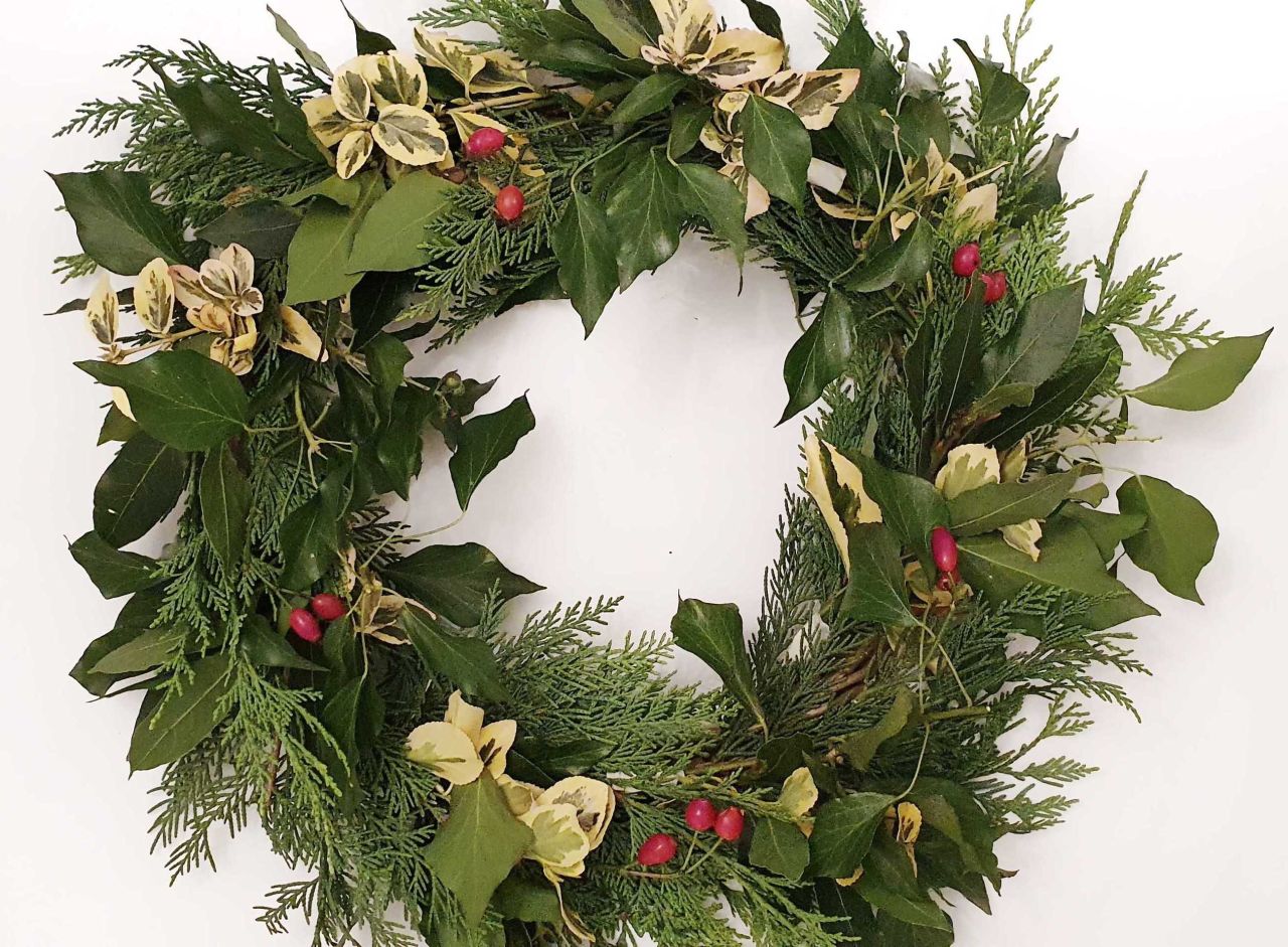 Holly stems and berries wreath